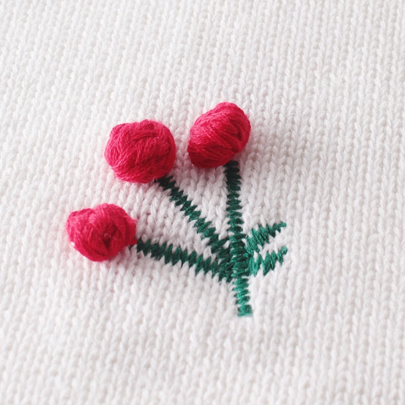 Close-up of raised pom-pom cherry embroidery