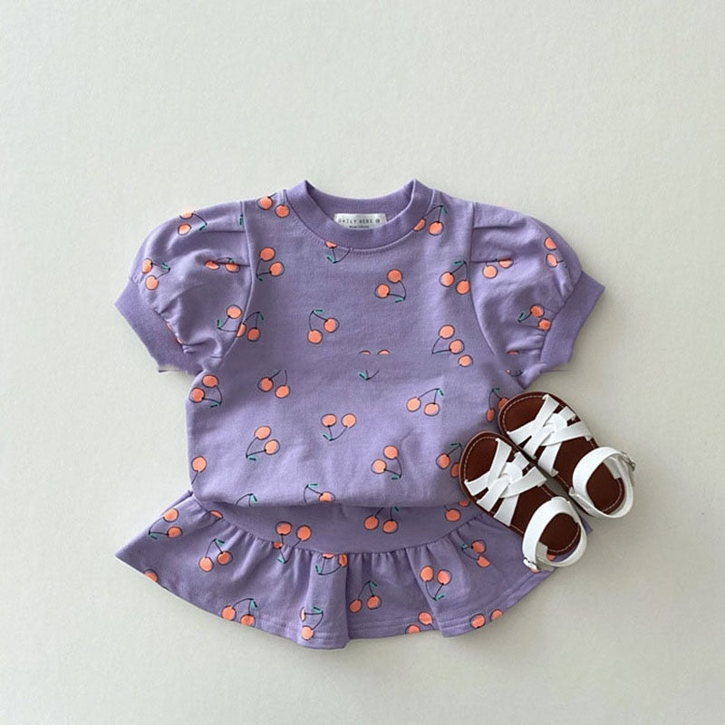 Purple cherry print top and skirt with sandals