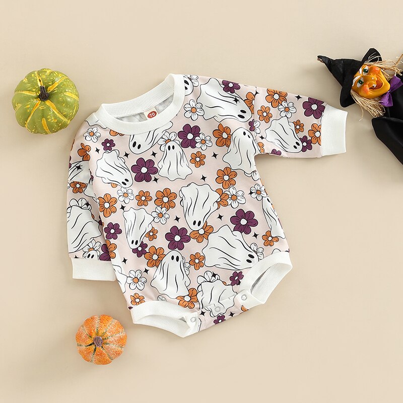 Purple flower and ghost print baby romper with pumpkins