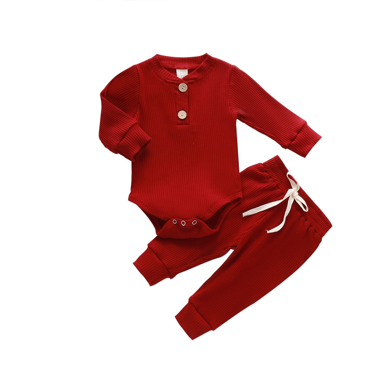 Red ribbed henley bodysuit and drawstring pants