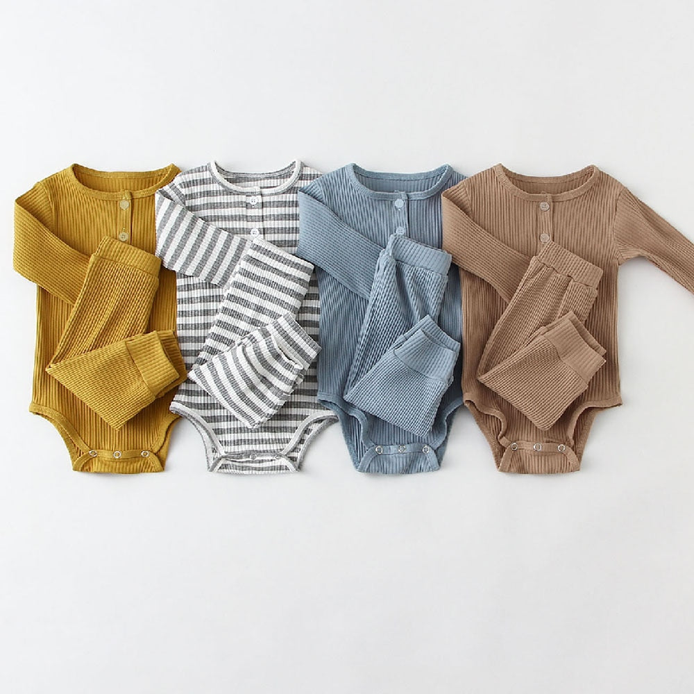 Mustard, striped, blue and brown long sleeve ribbed bodysuits