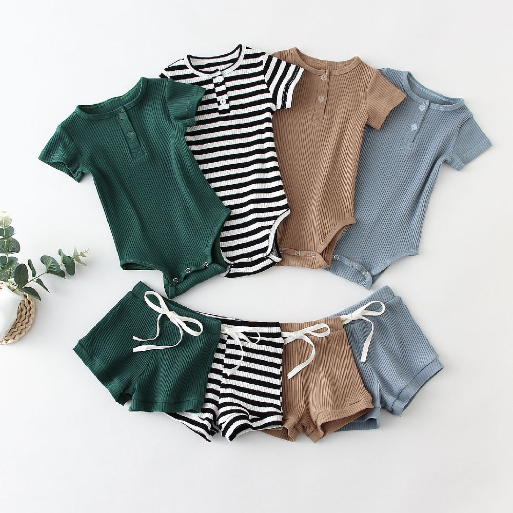 Ribbed bodysuit and shorts sets in four colours