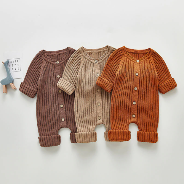 Coffee, beige and red brown ribbed knit rompers