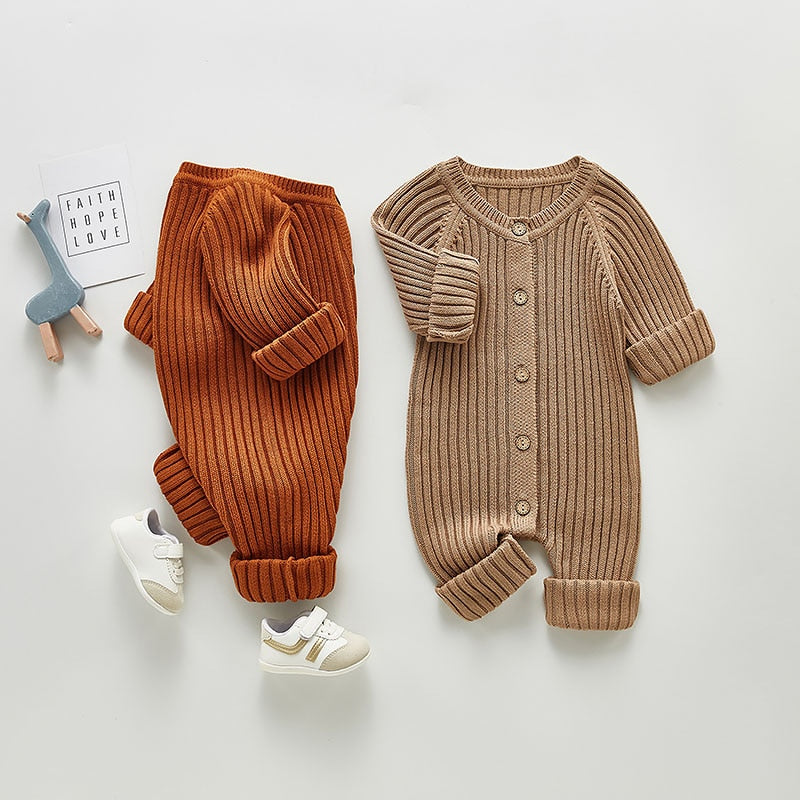 Red brown and beige ribbed knit rompers with shoes