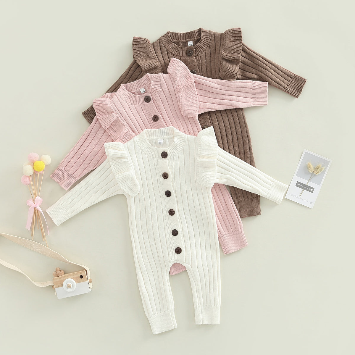 White, pink and chocolate ruffle knit baby jumpsuits