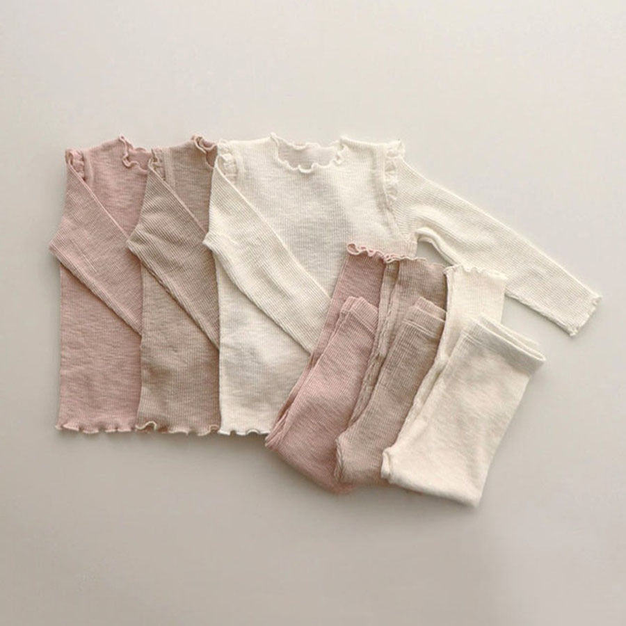 Ruffle ribbed tops and pants in three colours
