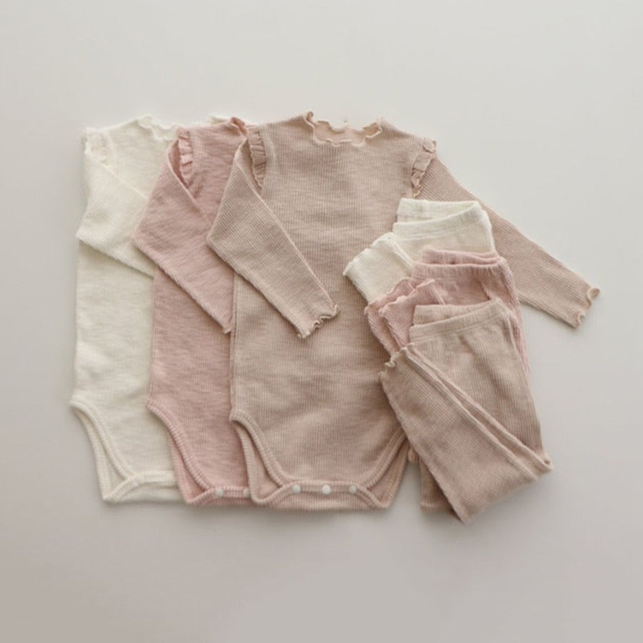 Ivory, pink and khaki ruffle ribbed bodysuit sets