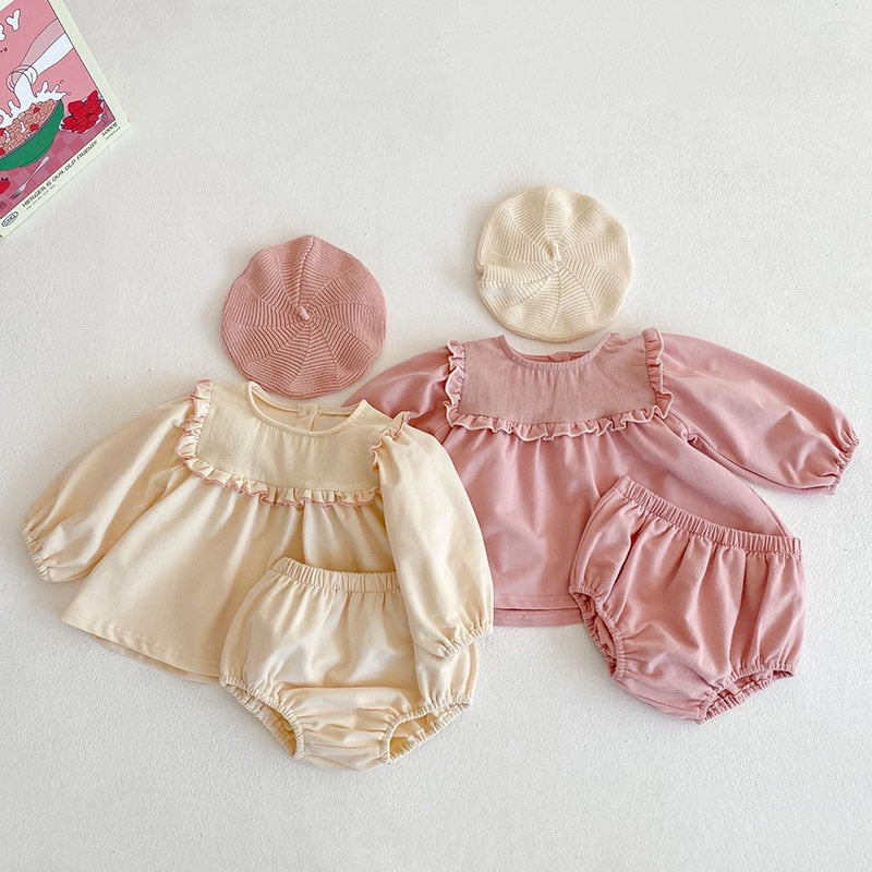 Beige and pink ruffle top and bloomers sets with berets