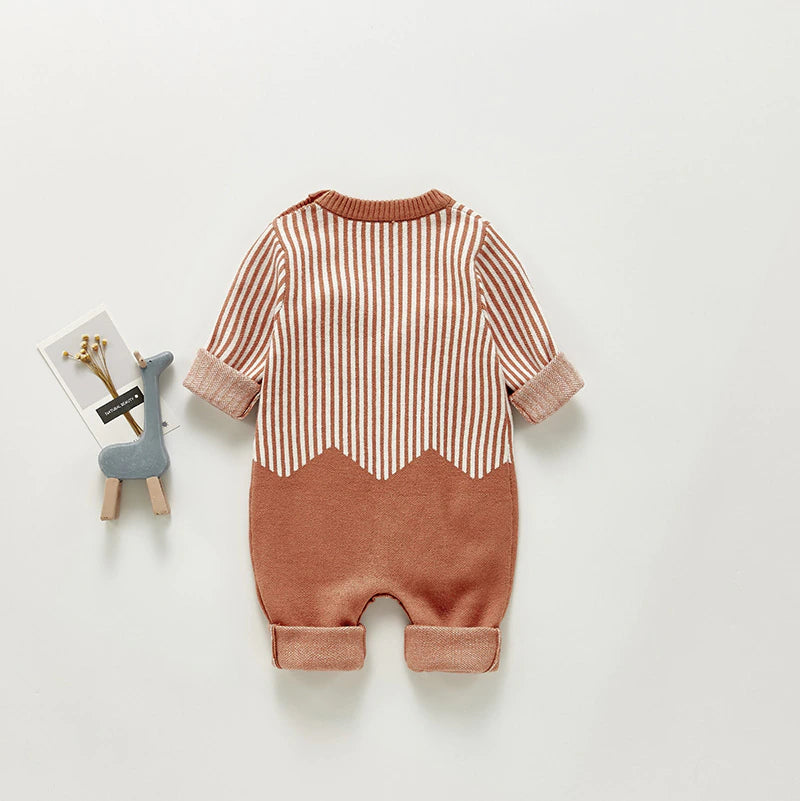 Rust stripe and chevron knit baby jumpsuit