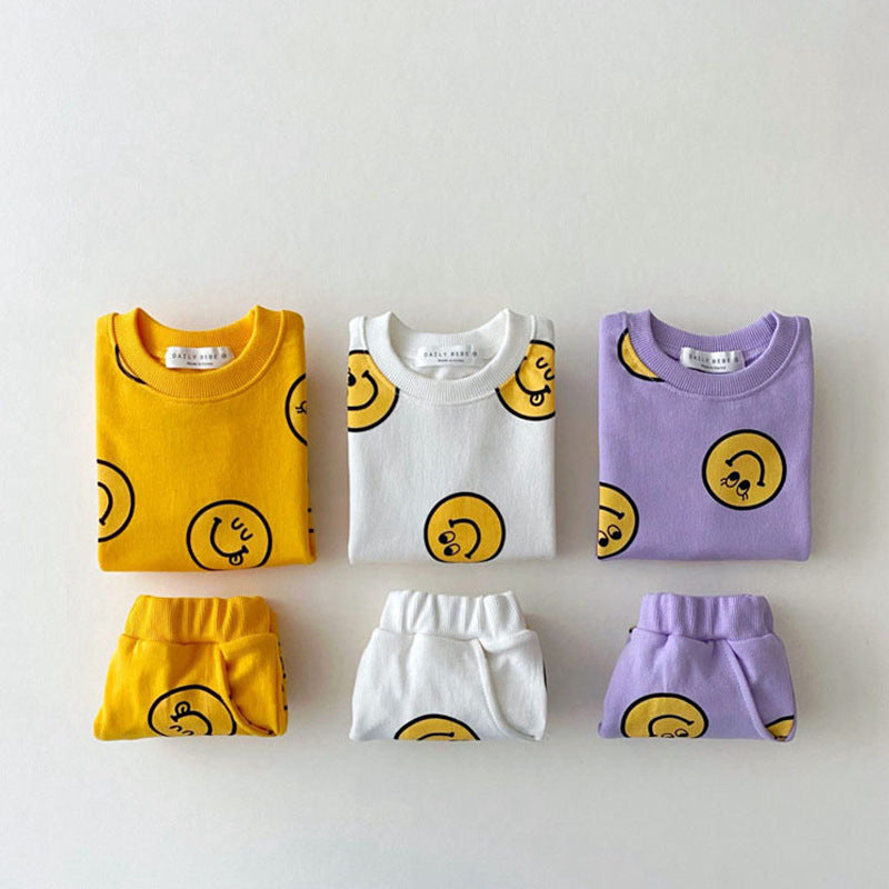 Yellow, white and purple smiley tee and shorts sets