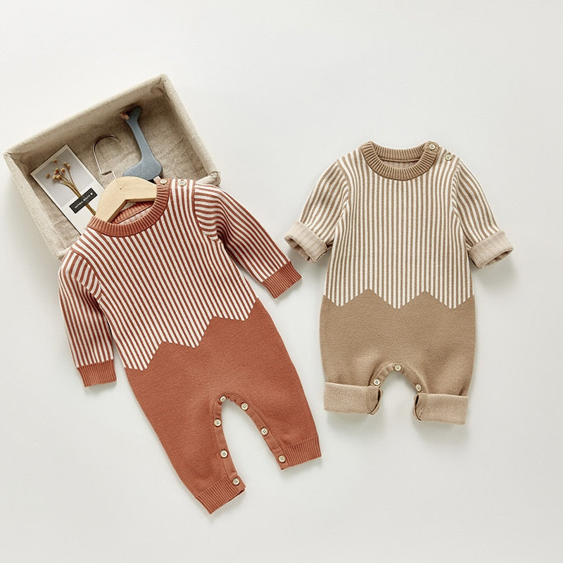 Rust and beige stripe chevron knit jumpsuits with box