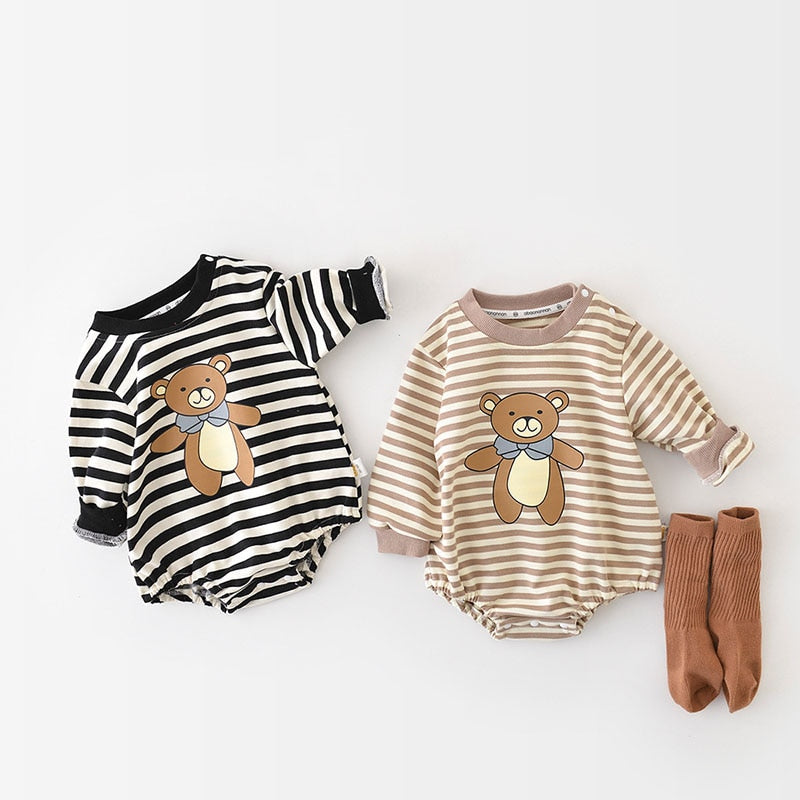 Black and beige striped teddy bear rompers
