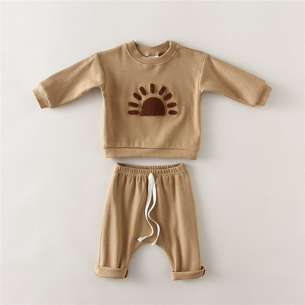 Tan sunshine embroidered sweatshirt and pants