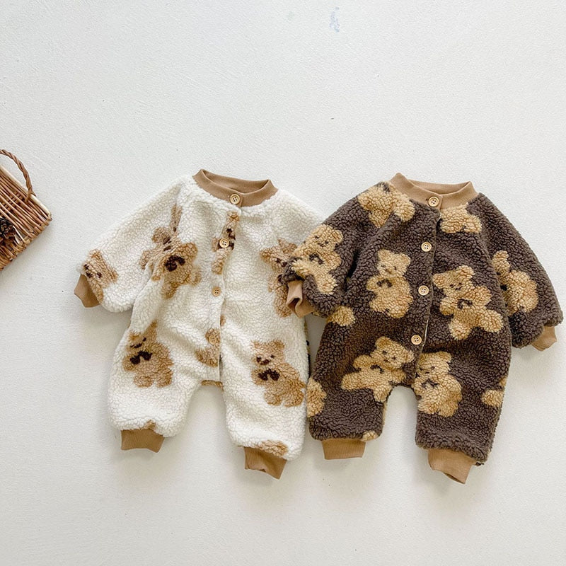Beige and brown teddy bear sherpa rompers