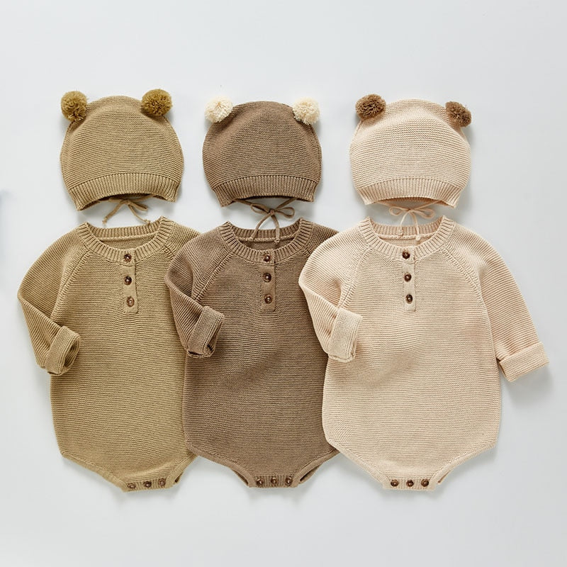 Khaki, brown and beige knit bodysuits with hats
