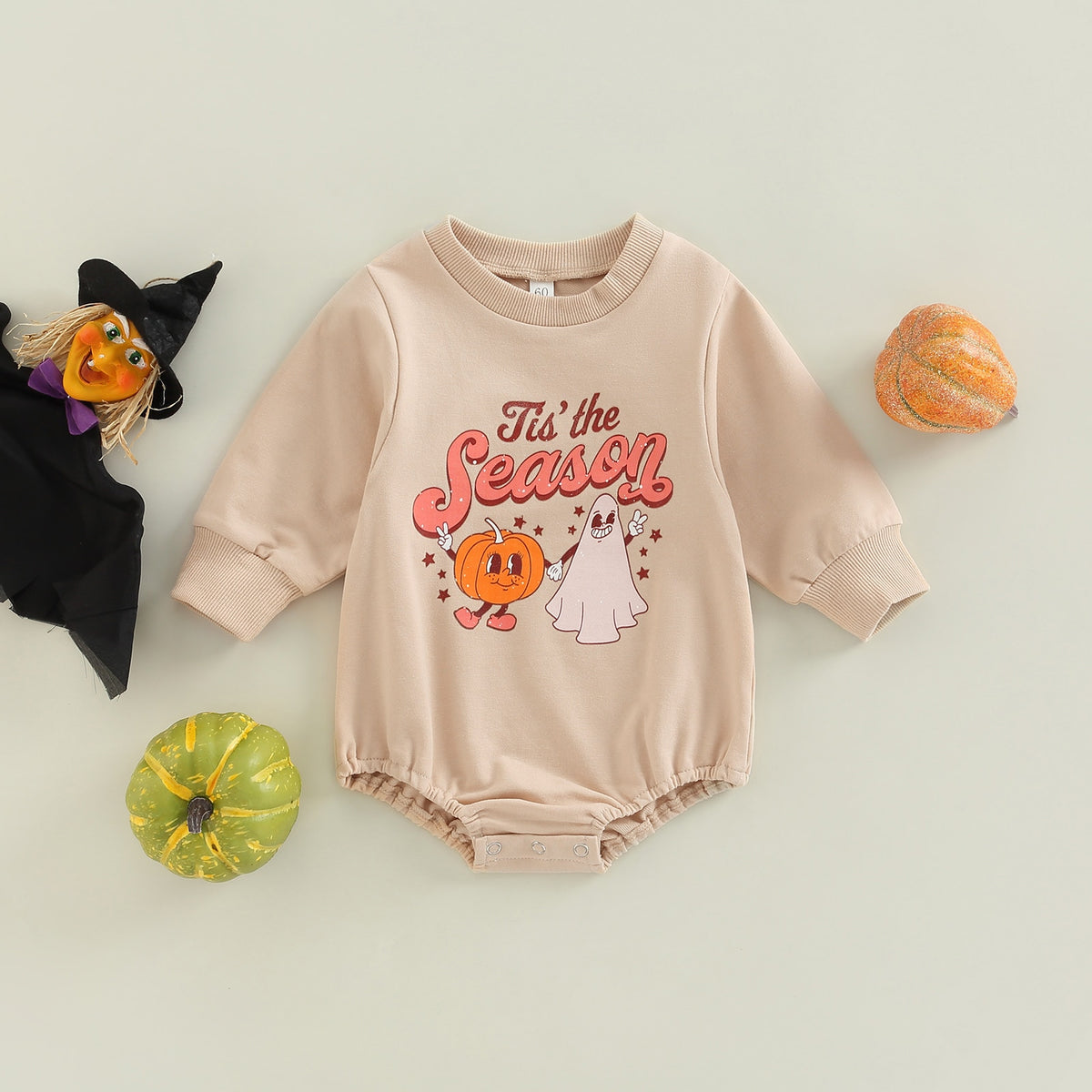 Beige Tis the Season pumpkin ghost baby romper with pumpkins