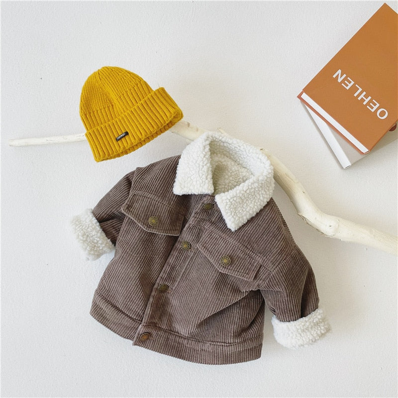 Brown toddler corduroy jacket with sherpa collar and beanie