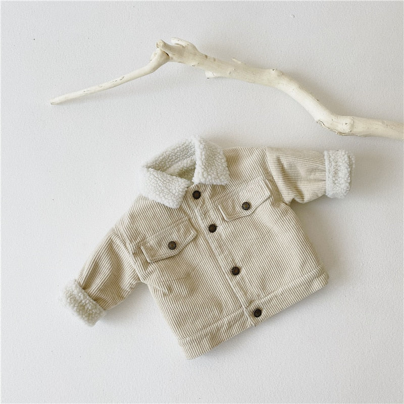 White toddler corduroy jacket, front view