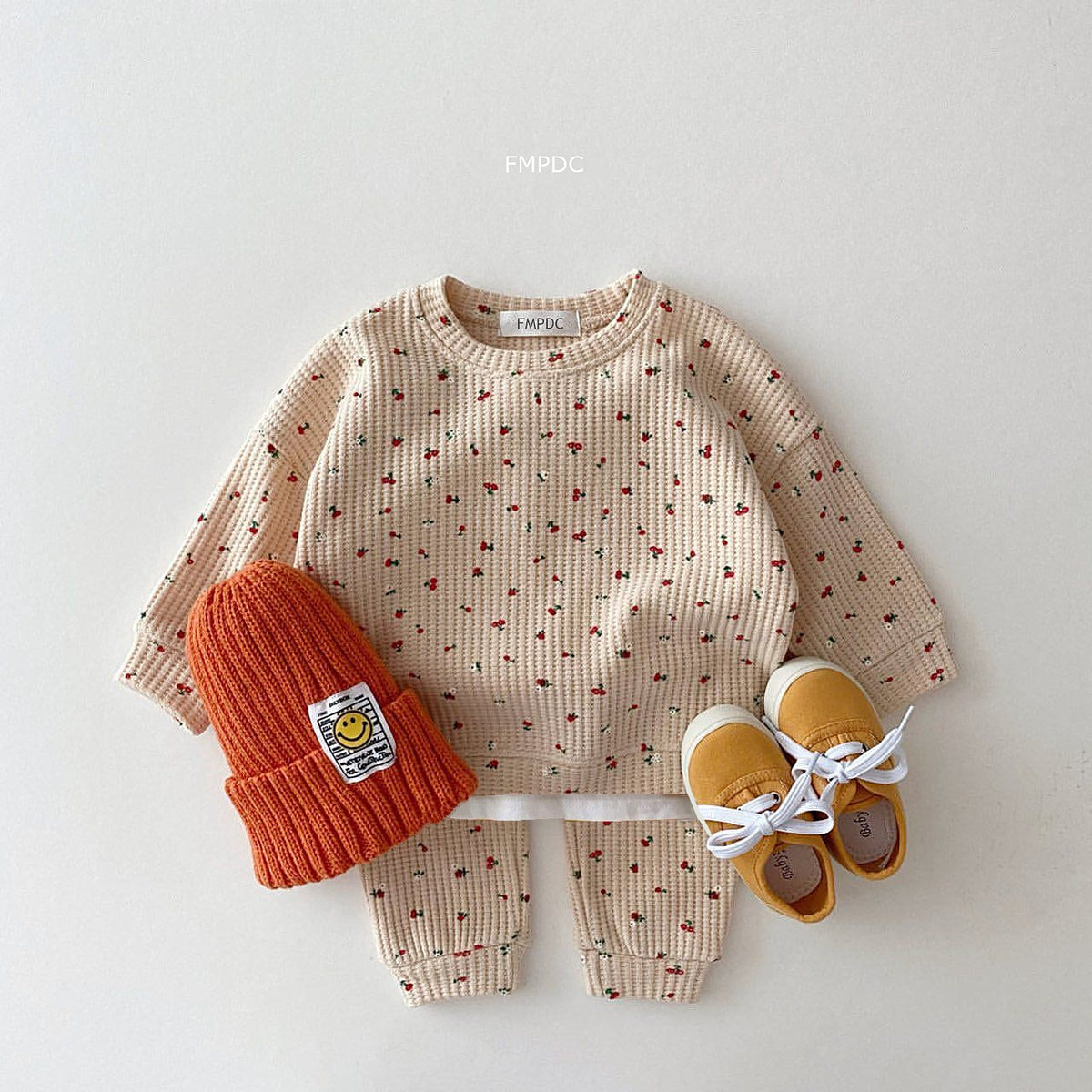 White cherry print set with orange beanie