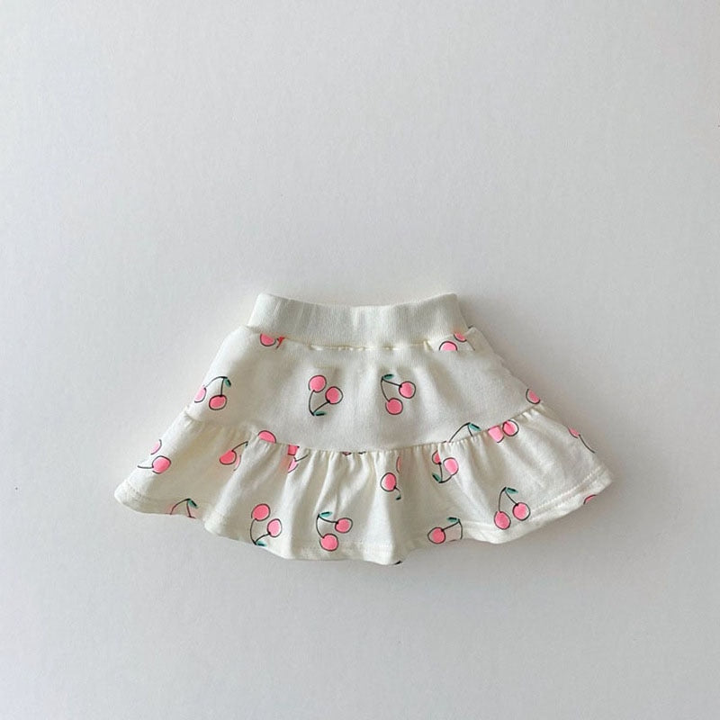White cherry print ruffle skirt