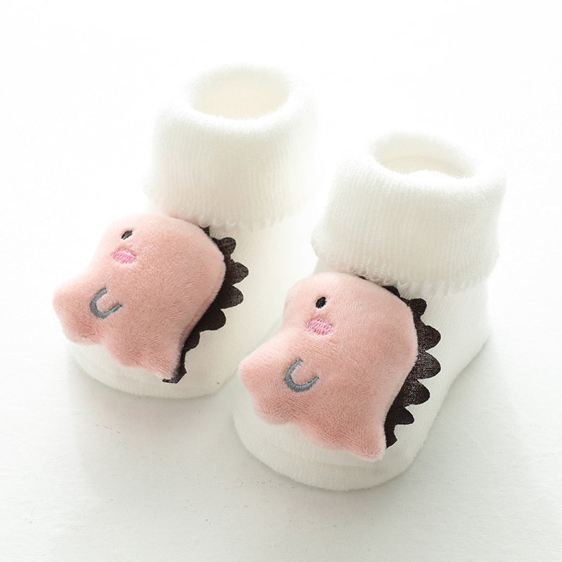 White thick baby socks with pink dinosaur