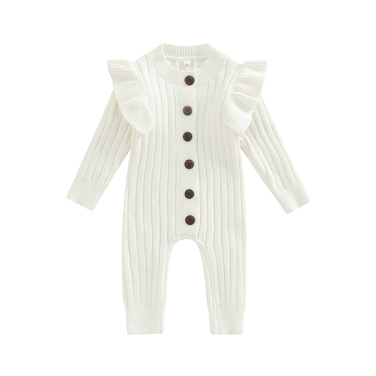 White ruffle knit jumpsuit on white background