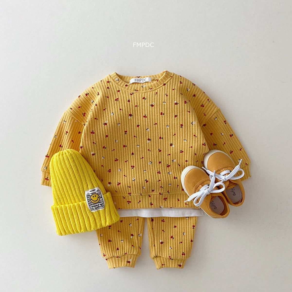 Yellow cherry print set with beanie and shoes