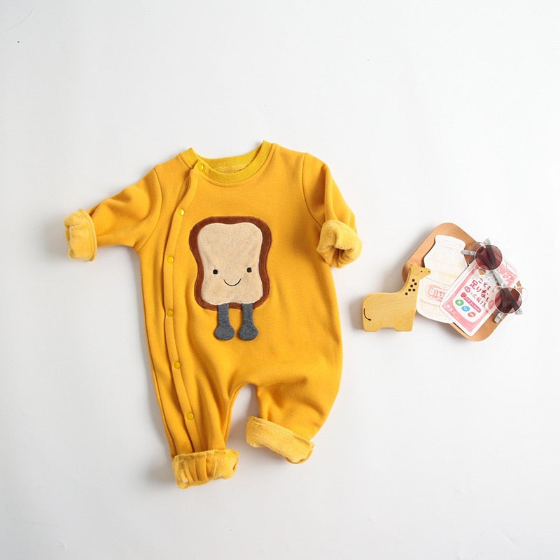 Yellow fleece-lined jumpsuit with toast applique
